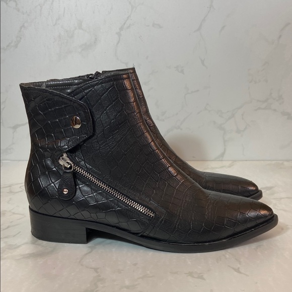 Napoleoni Black Leather Crocodile Embossed Pattern Women's Moto Ankle Boot 9 - Picture 1 of 8